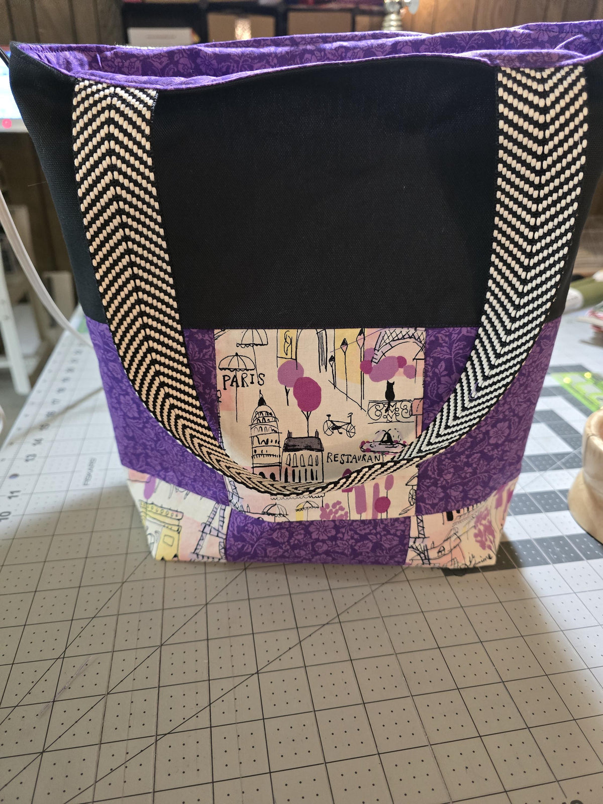 Vintage Parisian Charm: Handcrafted Purple Patchwork Tote